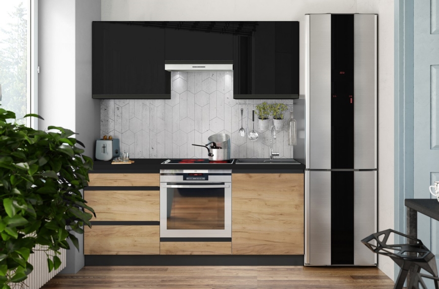 Virtuvinė spintelė MARINA 180 cm ąžuolas craft / blizgi juoda