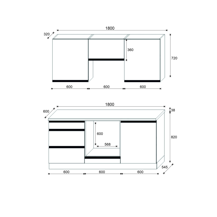 Virtuvinė spintelė MARINA 180 cm ąžuolas craft / blizgi juoda