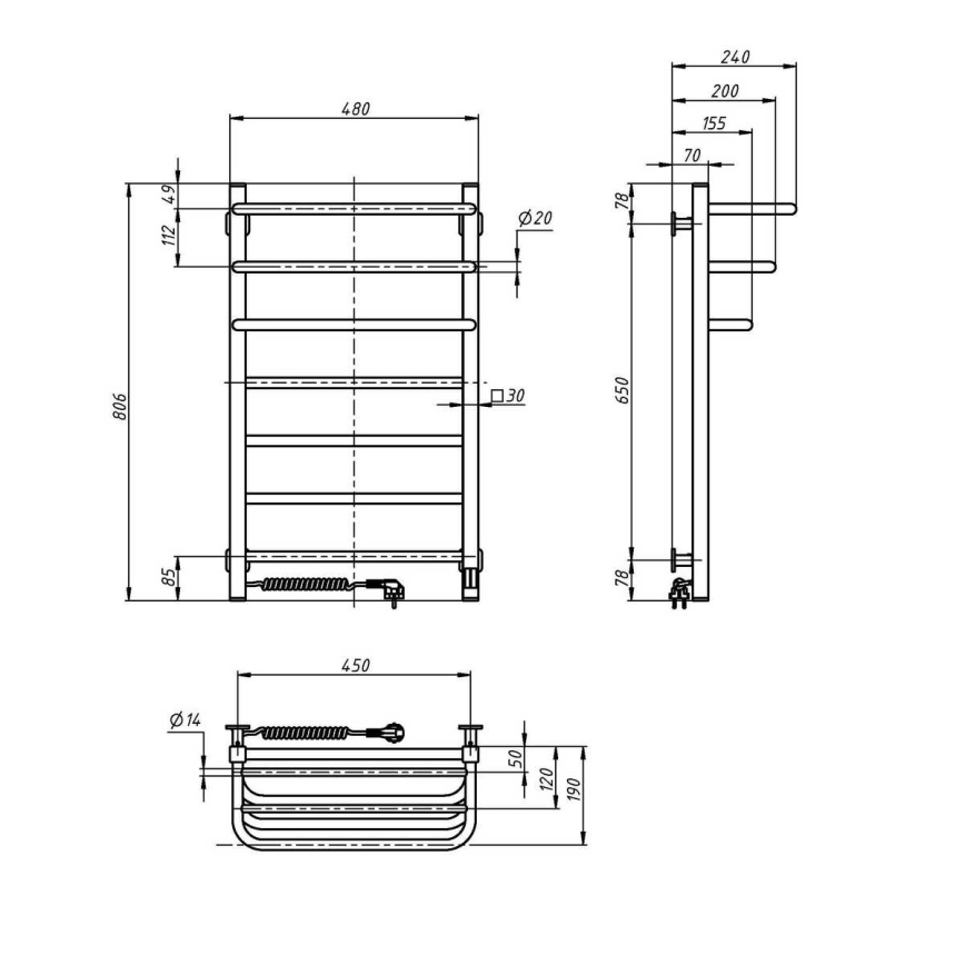 Vonios elektrinis radiatorius su termostatu FORTIS 350 W/230 V 80,6 cm IP44, juodas, kairinis