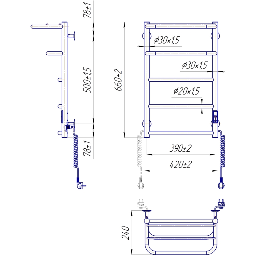 Vonios kambario kopėčių tipo radiatorius HOTEL 75W/230V 66x42 cm nerūdijančio plieno/baltas dešinysis