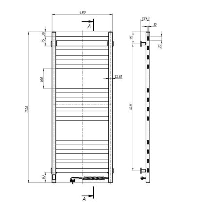 Vonios rankšluosčių džiovintuvas su termostatu AVANGARD 459W/230V 120,6cm IP44 baltas dešininis kampuotas