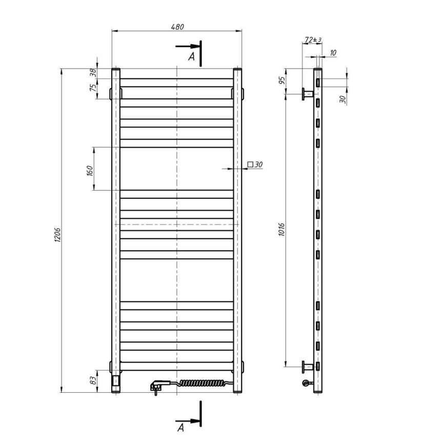 Vonios rankšluosčių džiovintuvas su termostatu AVANGARD 459W/230V 120,6cm IP44 baltas dešininis kampuotas