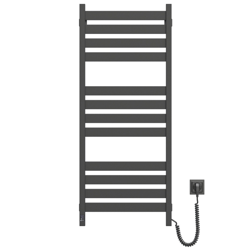 Vonios kambario kopėčių radiatorius su termostatu LARGO 541W/230V 120,6 cm IP44, juodas, dešinysis, kampinis