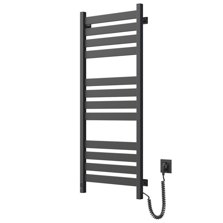 Vonios kambario kopėčių radiatorius su termostatu LARGO 541W/230V 120,6 cm IP44, juodas, dešinysis, kampinis