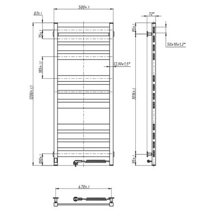 Vonios kambario kopėčių radiatorius su termostatu LARGO 541W/230V 120,6 cm IP44, juodas, dešinysis, kampinis