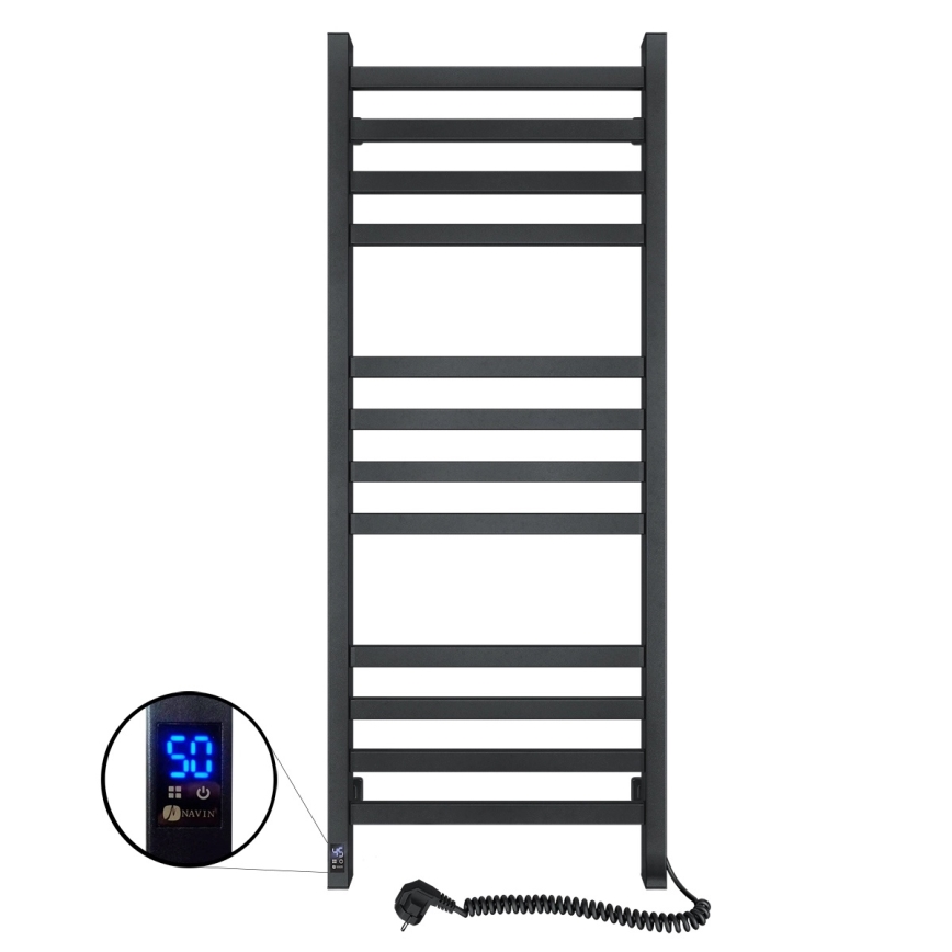 Vonios rankšluosčių radiatorius su termostatu AVANGARD 459W/230V, 120,6 cm, IP44, juodas, dešininis, kampuotas