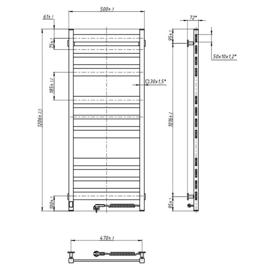 Vonios kambario kopėčių tipo rankšluosčių radiatorius su termostatu LARGO 256W 120x50 cm  juodas dešinysis
