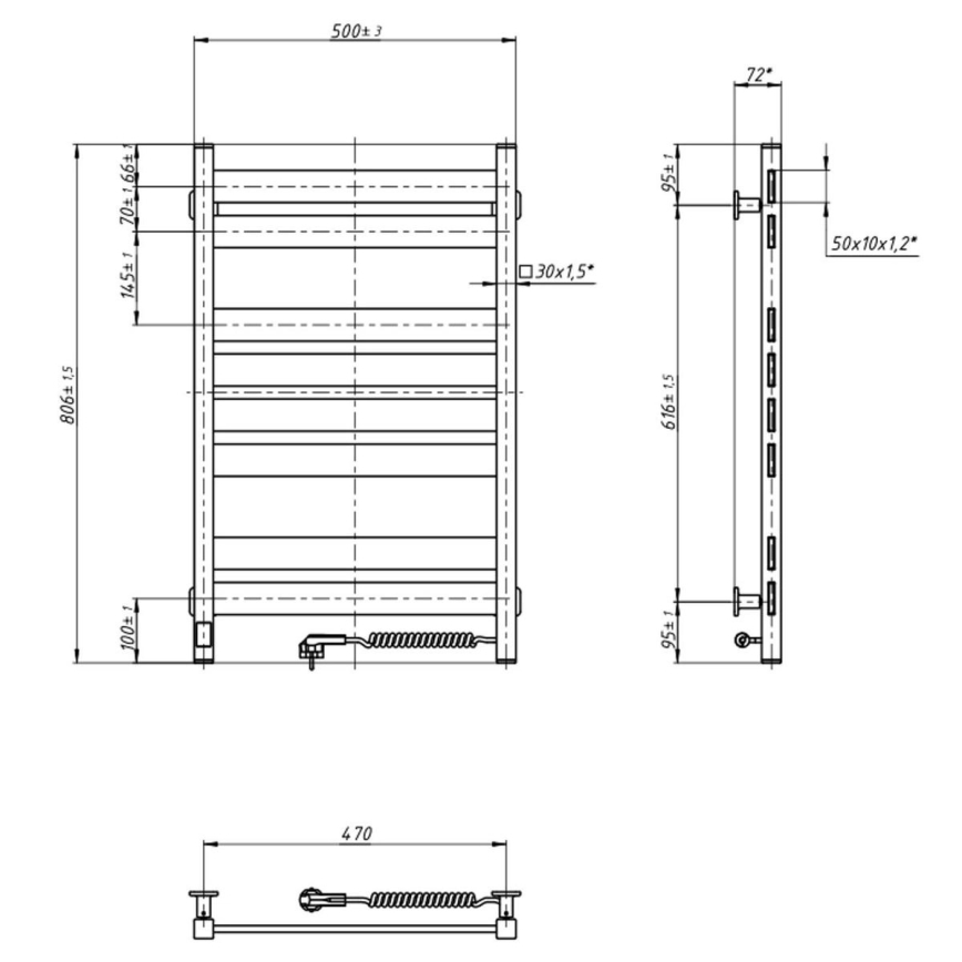 Vonios rankšluosčių džiovintuvas su termostatu LARGO 432W/230V 80,6 cm IP44, baltas, dešininis, kampuotas