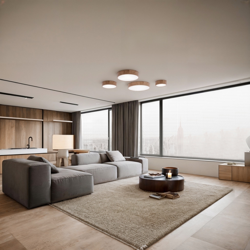 Vonios kambario lubų šviestuvas su jutikliu CLEO 2xE27/24W/230V Ø 27,5 cm IP54 ąžuolas