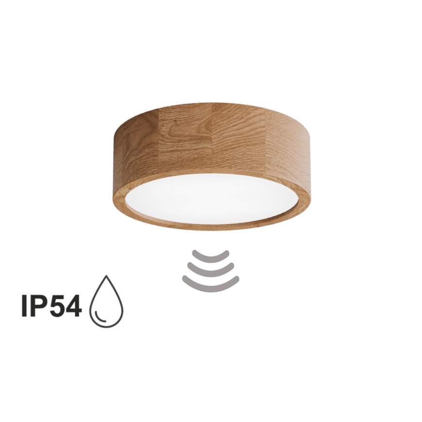 Vonios kambario lubų šviestuvas su jutikliu CLEO 2xE27/24W/230V Ø 27,5 cm IP54 ąžuolas