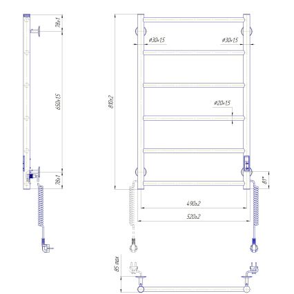 Vonios rankšluosčių radiatorius CLASSIC 110W/230V 81x52 cm, nerūdijančio plieno/antracitas, dešininis