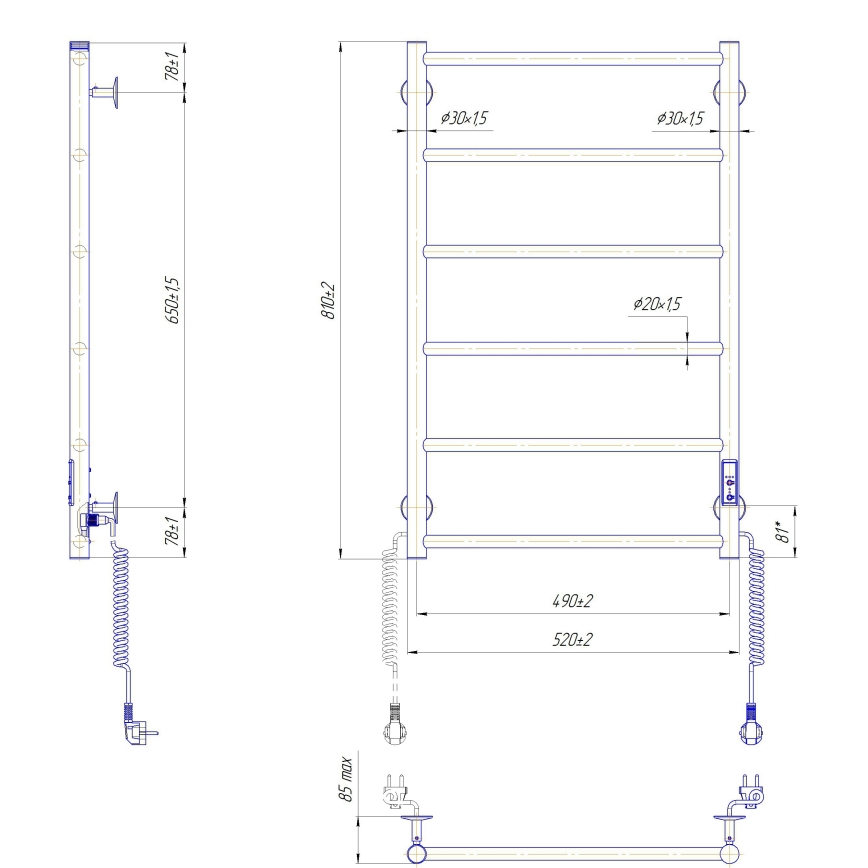 Vonios rankšluosčių radiatorius CLASSIC 110W/230V 81x52 cm, nerūdijančio plieno/antracitas, dešininis