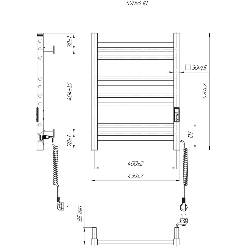 Vonios rankšluosčių radiatorius HF DERBY 100W/230V, 57x43 cm, baltas, dešininis