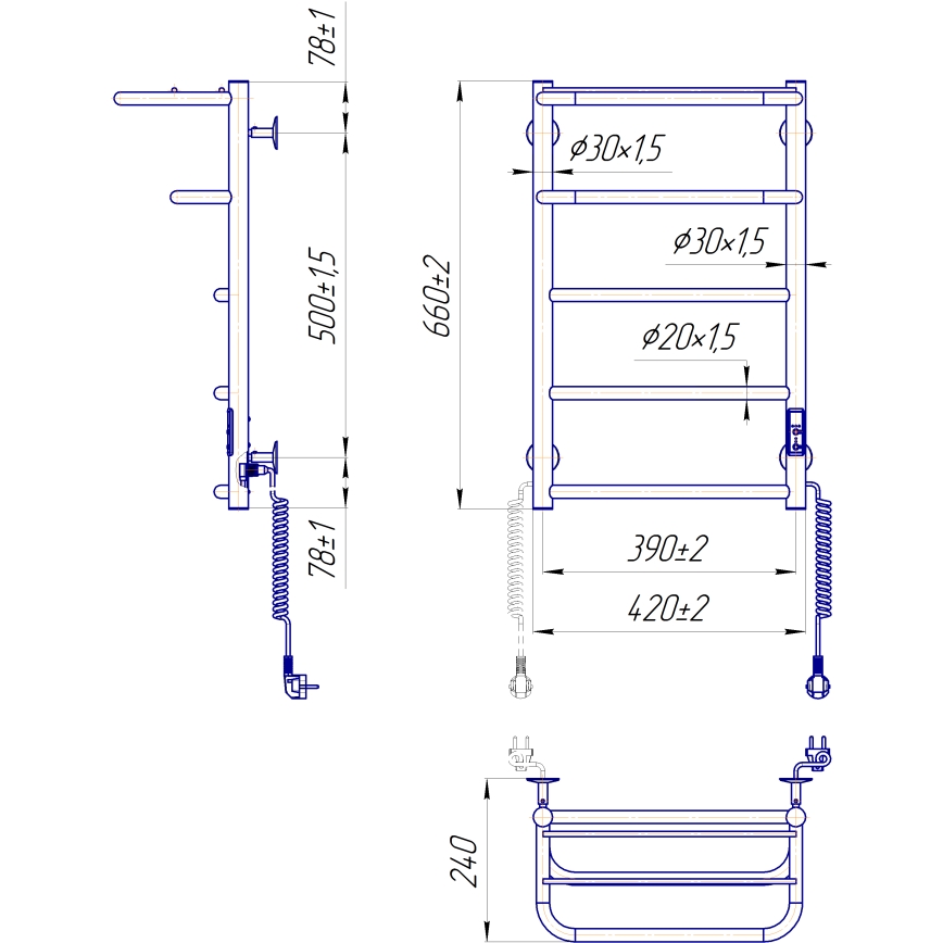 Vonios rankšluosčių radiatorius HOTEL 75W/230V 65x43 cm nerūdijančio plieno/baltas dešinysis