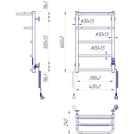 Vonios rankšluosčių radiatorius HOTEL 75W/230V 66x42 cm, nerūdijantis plienas/chromas, dešinės pusės