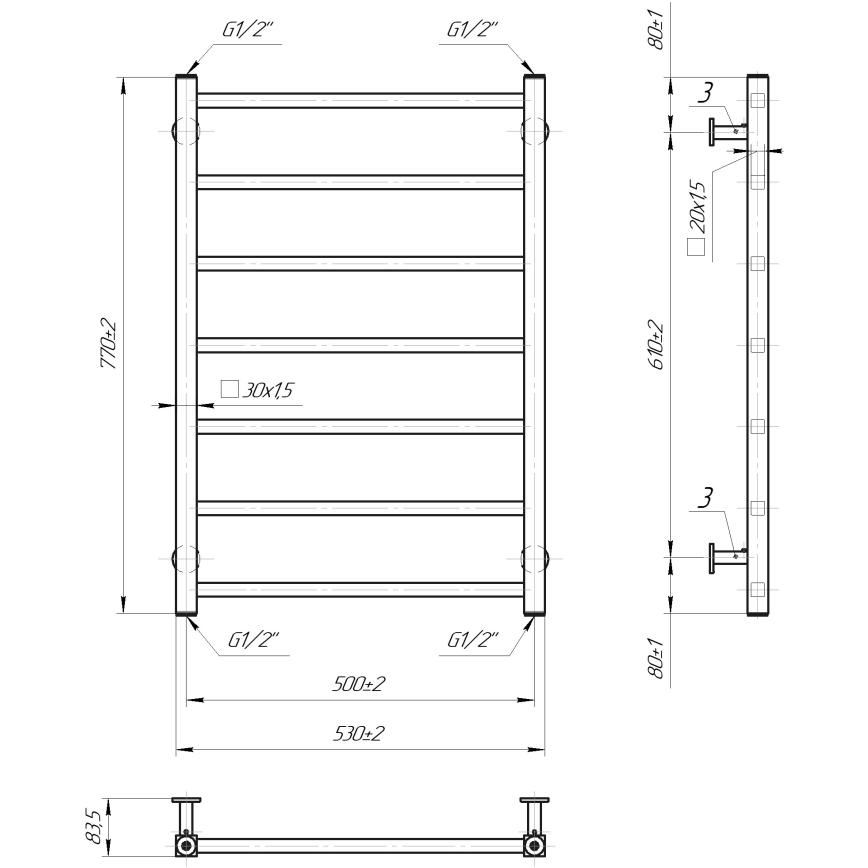 Vonios rankšluosčių radiatorius INOX TOKIO 161W/230V 77x53 cm nerūdijančio plieno/juoda