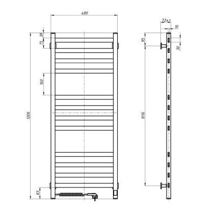 Vonios kambario kopėčių radiatorius su termostatu AVANGARD 459W/230V 120,6 cm IP44 juodas kairinis kampuotas