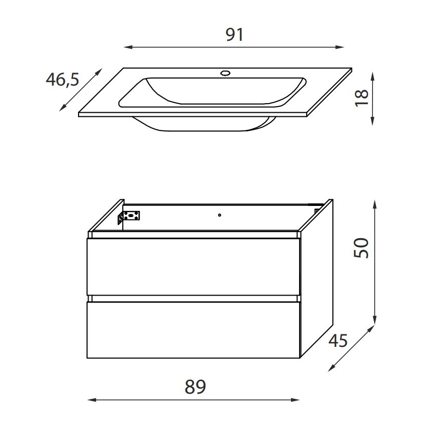 Vonios spintelė su praustuvu KENWOOD, 91 cm, juoda/balta