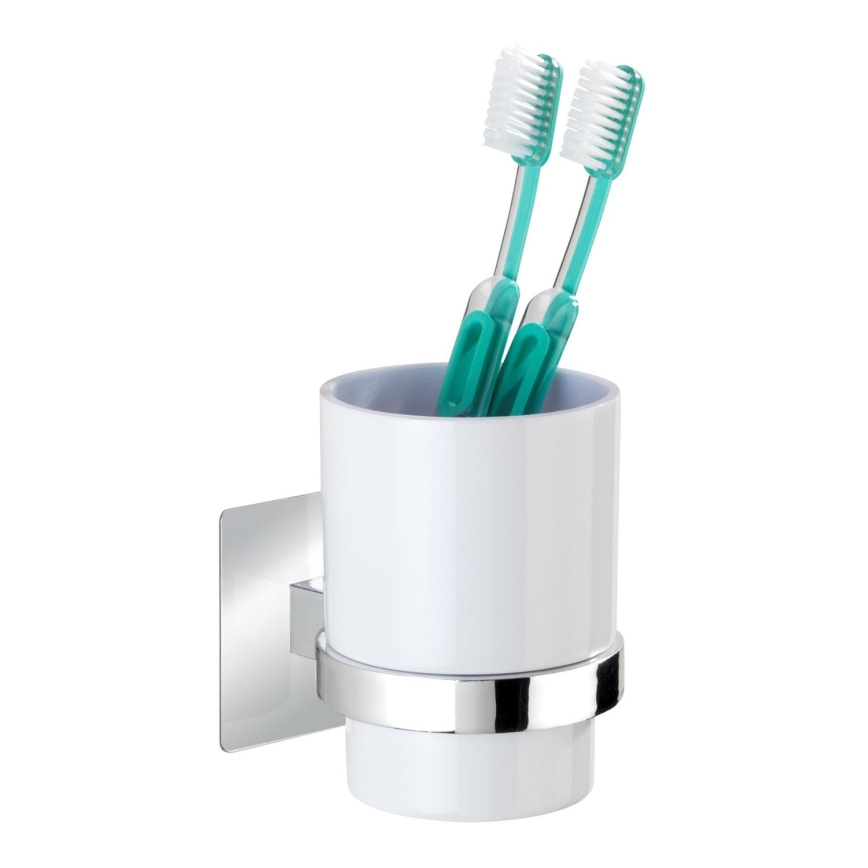 WENKO 23847800-Dantų šepetėlių indelis TURBO-LOC QUADRO ED. 7x9,5 cm blizgus chromas/balta