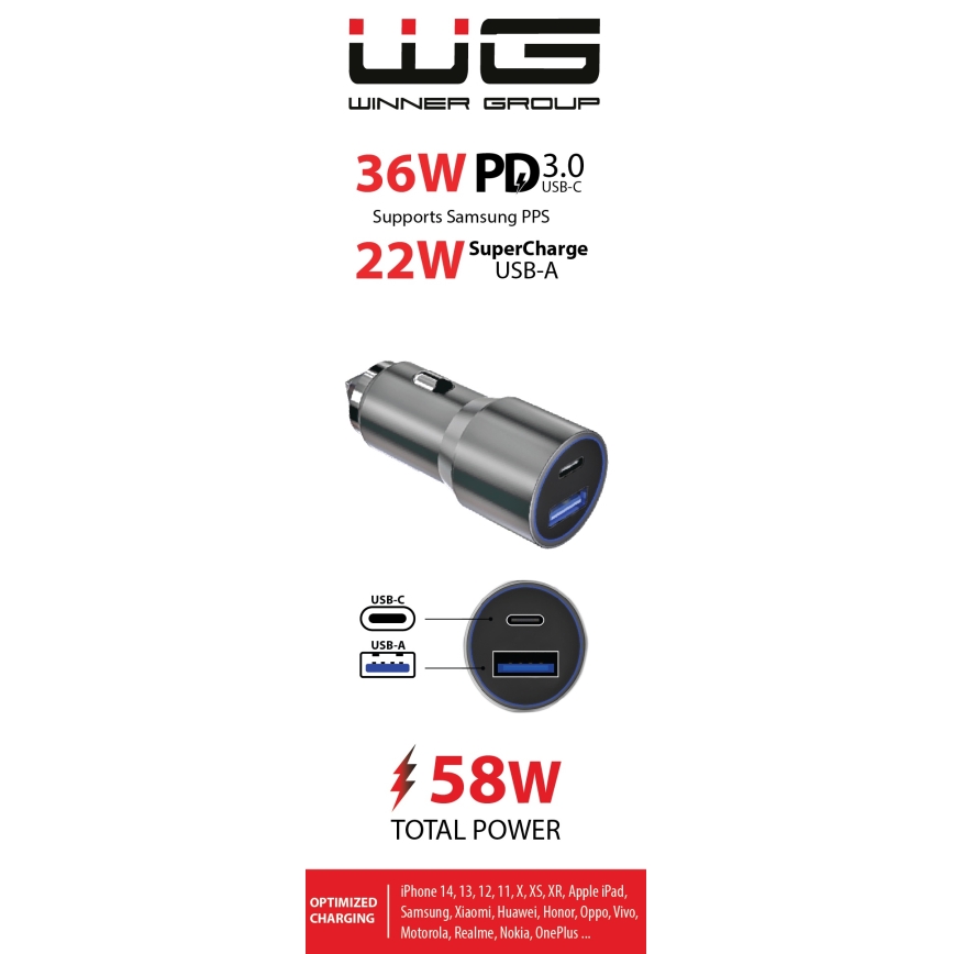 Winner Group - Automobilio įkroviklis 1xUSB-C + 1xUSB-A Power Delivery 58,5W sidabras