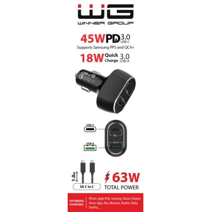 Winner Group - Automobilio įkroviklis 1xUSB-C + 1xUSB-A Power Delivery 63W + USB laidas USB-C / USB-C 1 m juoda