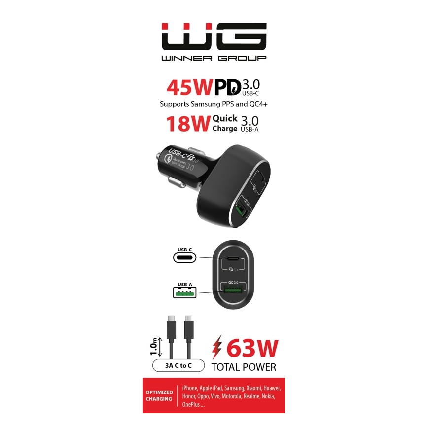 Winner Group - Automobilio įkroviklis 1xUSB-C + 1xUSB-A Power Delivery 63W + USB laidas USB-C / USB-C 1 m juoda