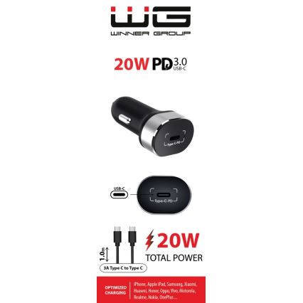 Winner Group - Automobilio įkroviklis 1xUSB-C Power Delivery 20W + USB laidas USB-C / USB-C 1 m juoda