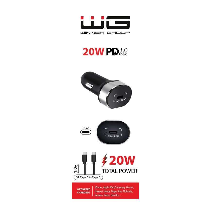 Winner Group - Automobilio įkroviklis 1xUSB-C Power Delivery 20W + USB laidas USB-C / USB-C 1 m juoda