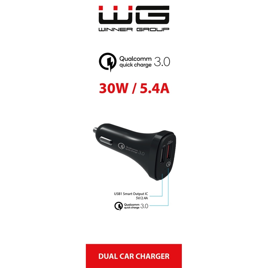 Winner Group - Automobilio įkroviklis 2xUSB-A Power Delivery 30W juoda