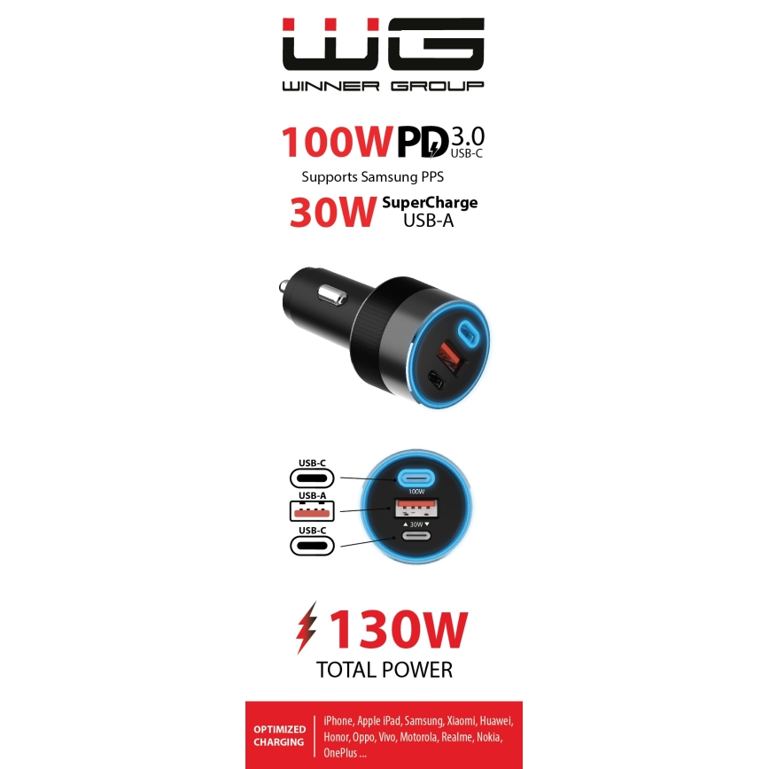 Winner Group - Automobilio įkroviklis 2xUSB-C + 1xUSB-A Power Delivery 130W juoda