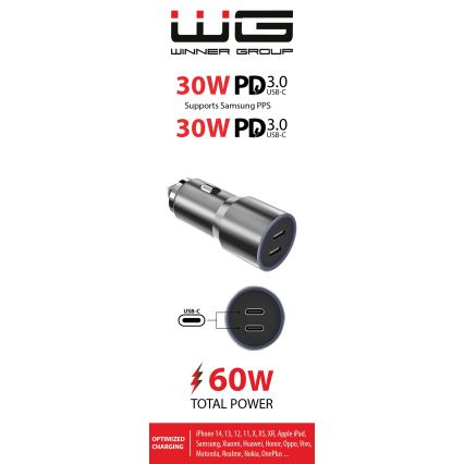 Winner Group - Automobilio įkroviklis 2xUSB-C Power Delivery 60W sidabras