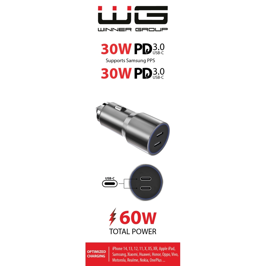 Winner Group - Automobilio įkroviklis 2xUSB-C Power Delivery 60W sidabras