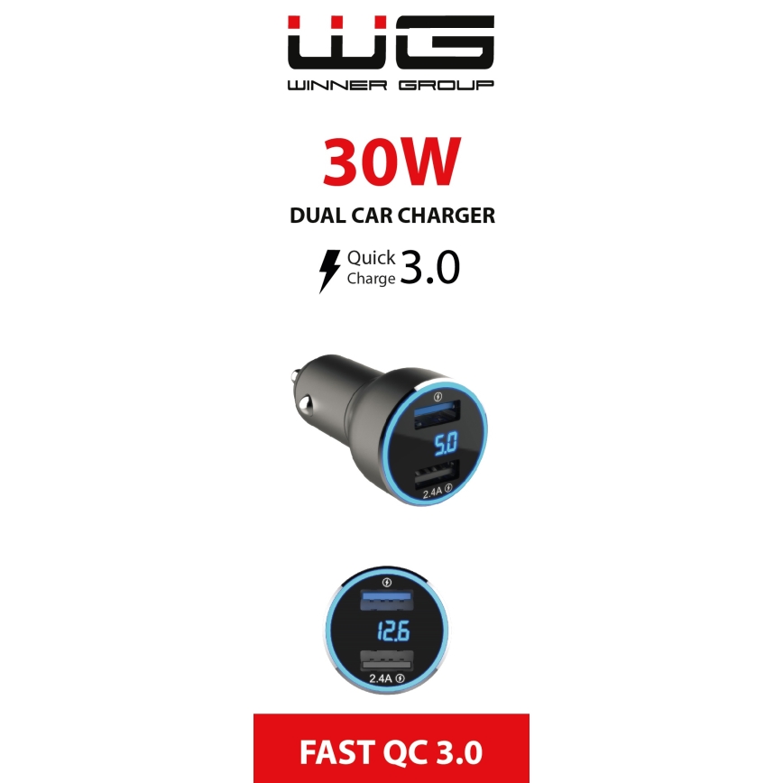 Winner Group - Automobilio įkroviklis su ekranas 2xUSB-A Power Delivery 30W juoda