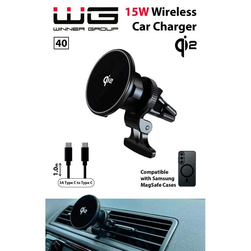 Winner Group - Belaidis pakrovėjas ir laikiklis automobiliui 15W Qi2 MagSafe
