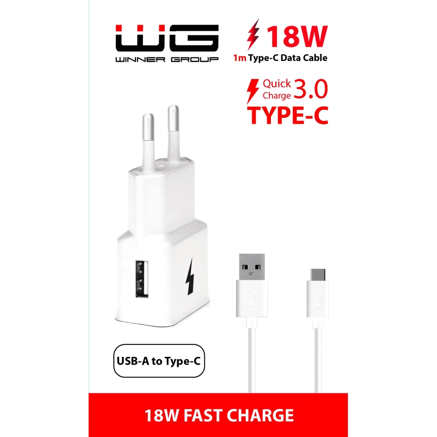 Winner Group- Greito įkrovimo adapteris 1xUSB-A PD 18W + USB laidas USB-C / USB-A 1m