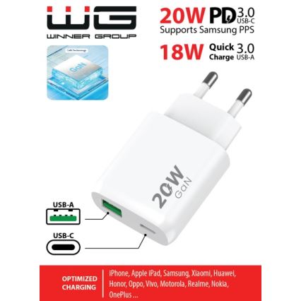 Winner Group - Greito įkrovimo adapteris 1xUSB-C + 1xUSB-A Power Delivery 20W balta