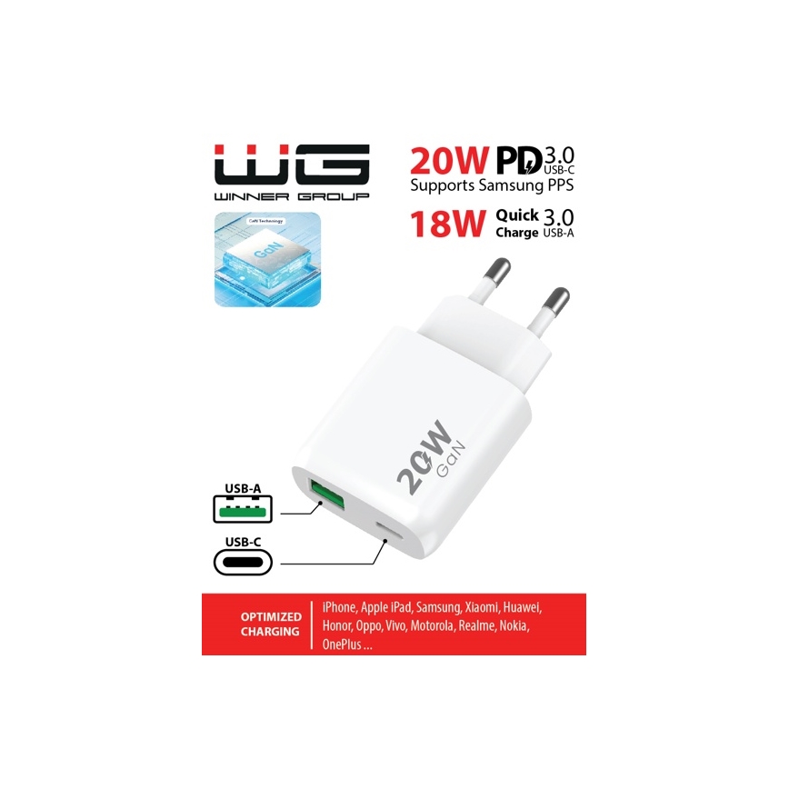 Winner Group - Greito įkrovimo adapteris 1xUSB-C + 1xUSB-A Power Delivery 20W balta