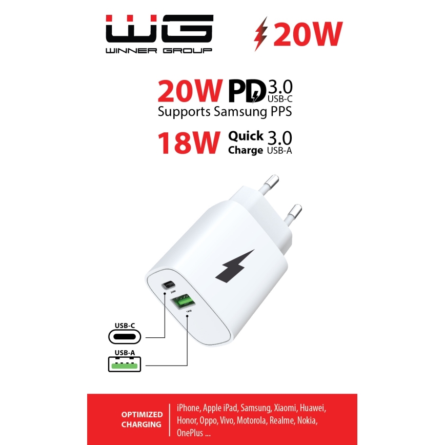 Winner Group - Greito įkrovimo adapteris 1xUSB-C + 1xUSB-A Power Delivery 20W balta
