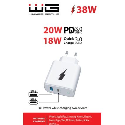 Winner Group - Greito įkrovimo adapteris 1xUSB-C + 1xUSB-A Power Delivery 38W balta