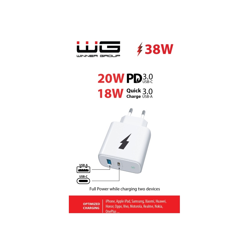 Winner Group - Greito įkrovimo adapteris 1xUSB-C + 1xUSB-A Power Delivery 38W balta