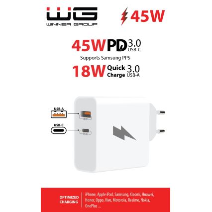 Winner Group - Greito įkrovimo adapteris 1xUSB-C + 1xUSB-A Power Delivery 45W balta