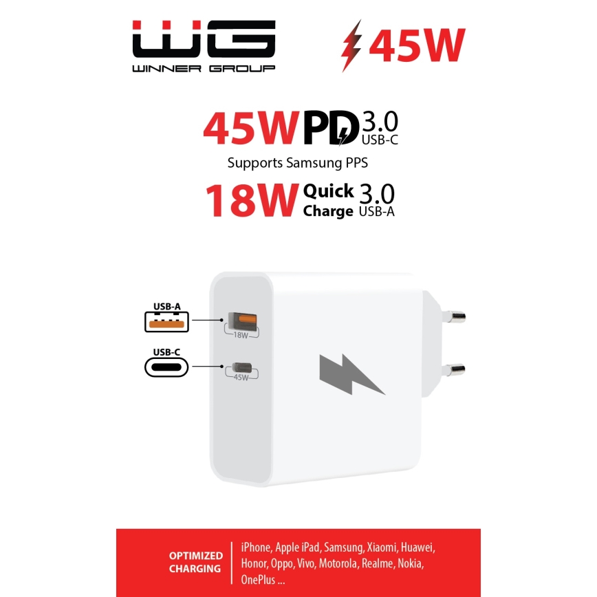 Winner Group - Greito įkrovimo adapteris 1xUSB-C + 1xUSB-A Power Delivery 45W balta