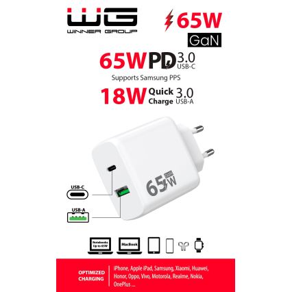 Winner Group - Greito įkrovimo adapteris 1xUSB-C + 1xUSB-A Power Delivery 65W balta