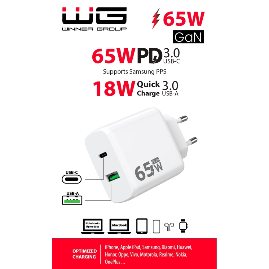 Winner Group - Greito įkrovimo adapteris 1xUSB-C + 1xUSB-A Power Delivery 65W balta