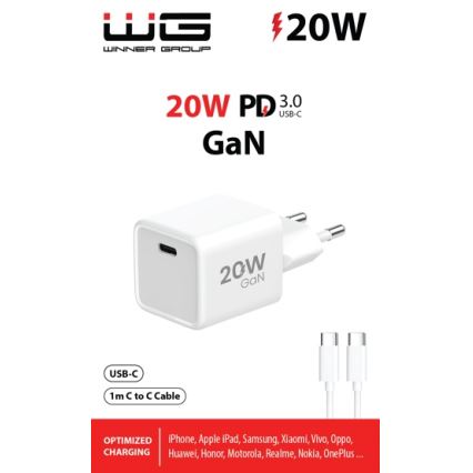 Winner Group- Greito įkrovimo adapteris 1xUSB-C PD 20W + USB laidas USB-C / USB-C 1m