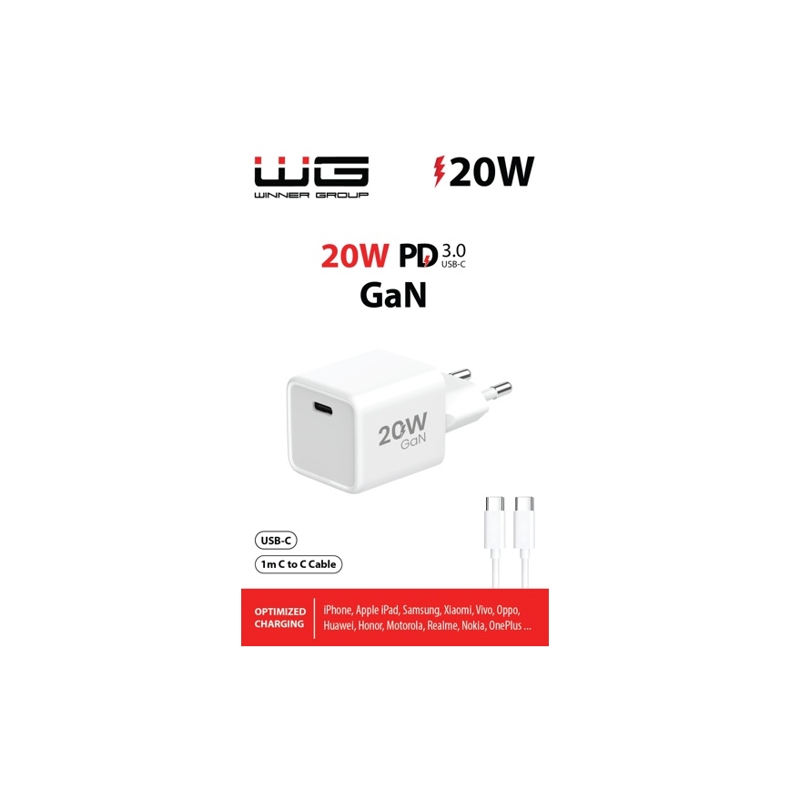 Winner Group- Greito įkrovimo adapteris 1xUSB-C PD 20W + USB laidas USB-C / USB-C 1m