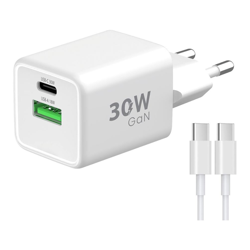 Winner Group - Greito įkrovimo adapteris 2xUSB PD 30W + USB laidas USB-C / USB-C 1m