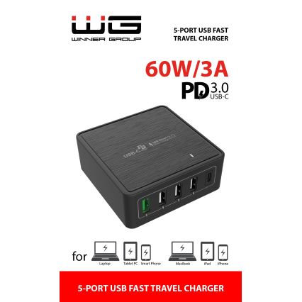 Winner Group - Greito įkrovimo adapteris 5xUSB-C Power Delivery 60W juoda