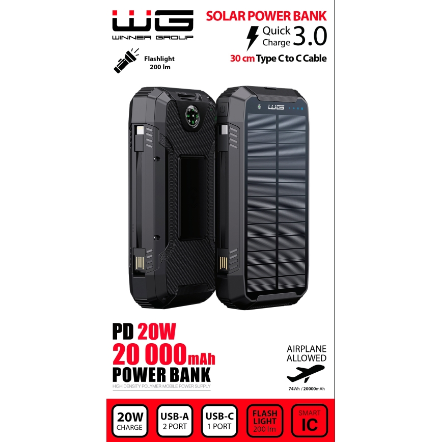 Winner Group - Išorinė baterija su belaidžiu įkrovimu ir Saulės energijos panelė 20000 mAh 20W PD