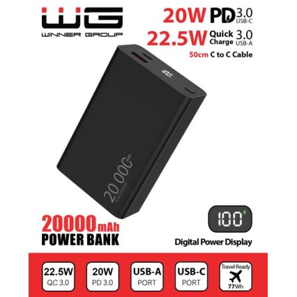 Winner Group - Išorinė baterija su ekranu 20000 mAh 20W Power Delivery juoda